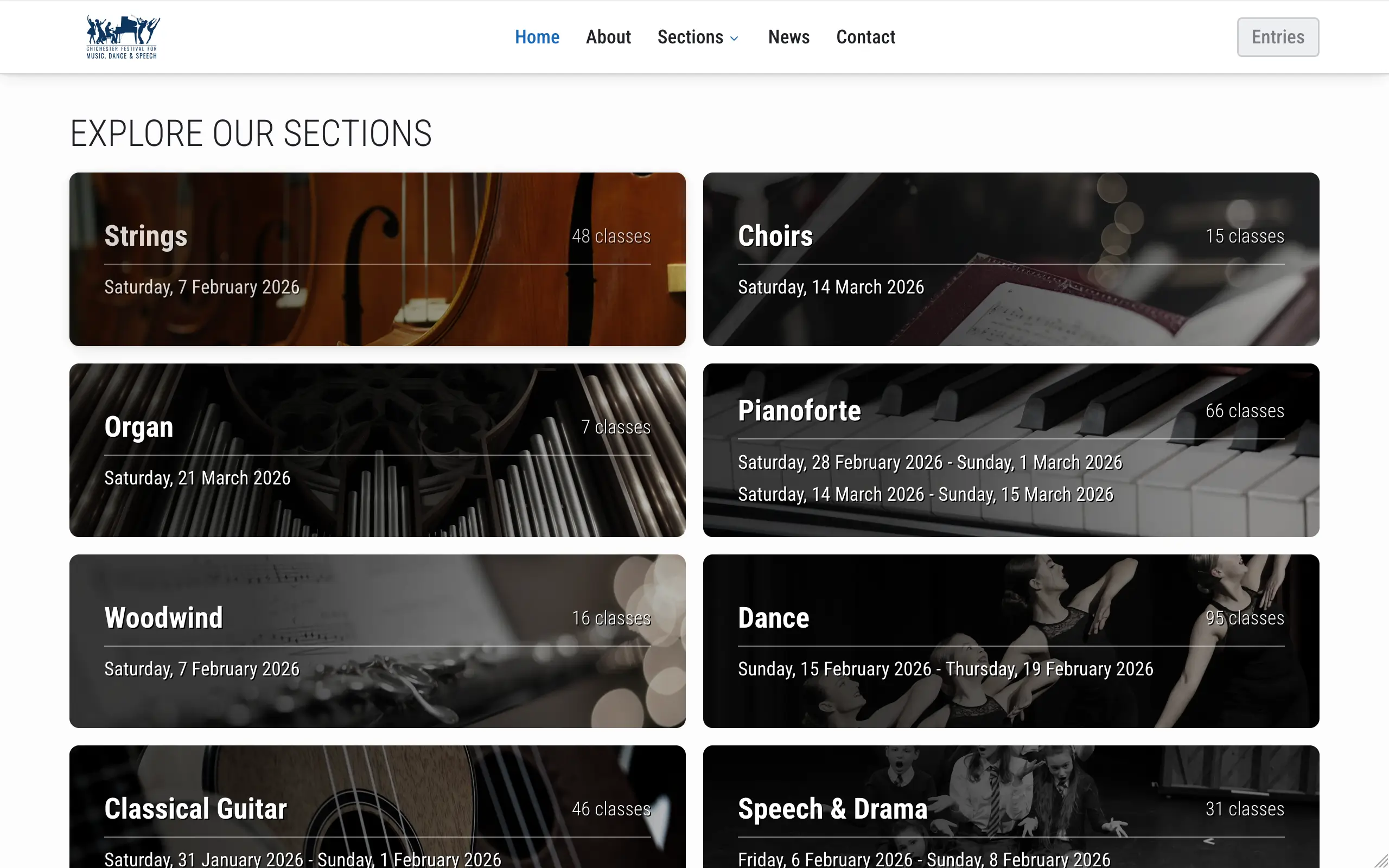 A screenshot of a website homepage for a music, dance, and speech festival, showing a navigation menu with Home, About, Sections, News, and Contact links, alongside an Entries button. Below, a section titled "Explore Our Sections" displays eight category tiles in a grid, each featuring a background photograph relevant to its discipline, including close-up images of a cello, sheet music, organ pipes, piano keys, sheet music with bokeh lighting, dancers, a classical guitar, and children performing. Each tile shows the class name, number of classes, and relevant dates.